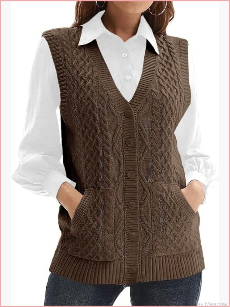 Knit Sweater Vest V Neck Sleeveless Cardigan Button Down Pocket Tops